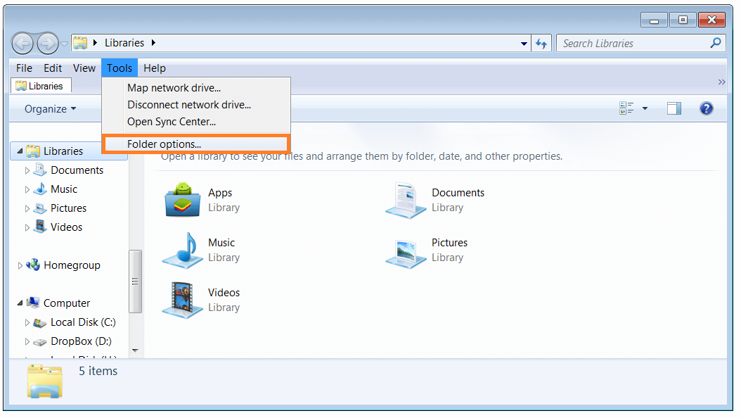 Windows Explorer - tools - folder_options