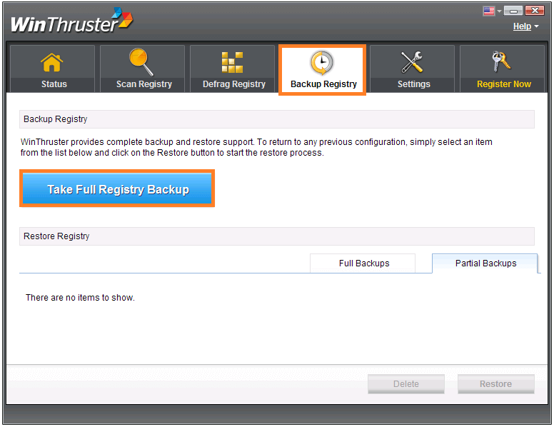 Runtime Errors - WinThruster - Backup Registry - Take Full Registry Backup - WindowsWally