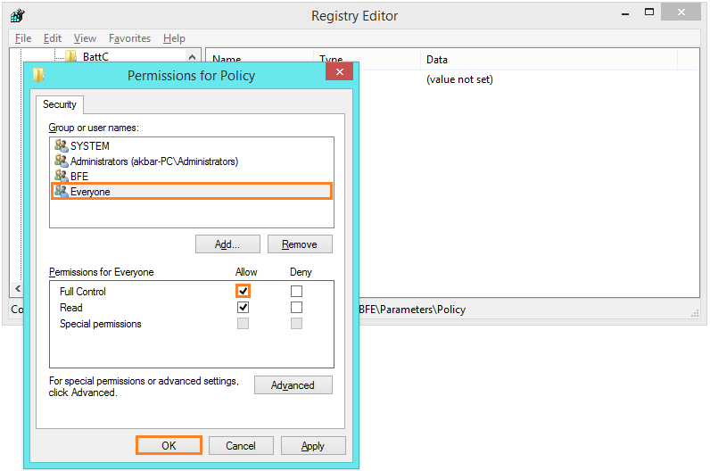 Base Filtering Engine - regedit - permissions - Add - Everyone - OK -- Windows Wally