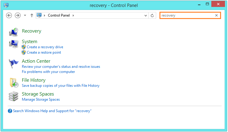 Recovery Drive - Control Panel - Recovery type -- Windows Wally