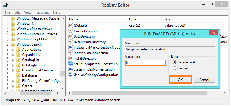 Search service - regedit - SetupCompletedSuccessfully - change Value -- Windows Wally