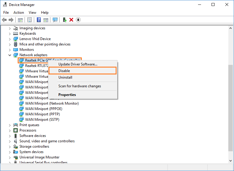 realtek network driver windows 10 disabling adapter