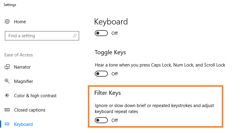 Windows 10 -- Keyboard Stopped - Ignore brief or repeated keystrokes - Filter Keys - 2 - Windows Wally